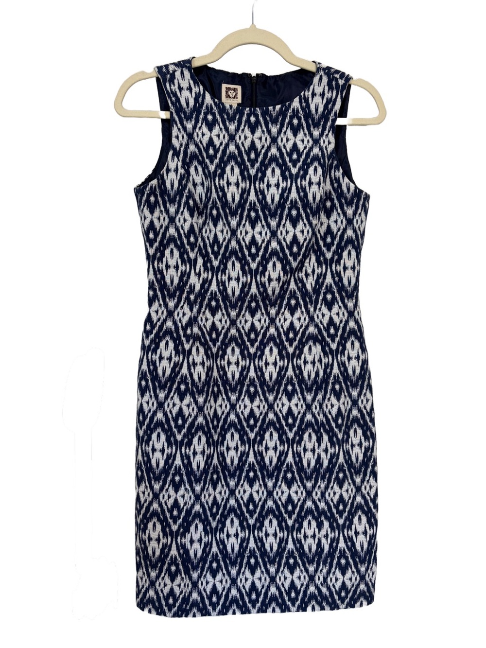 Anne Klein Navy & White Textured Ikat Geometric Sleeveless Women’s Dress Size 4